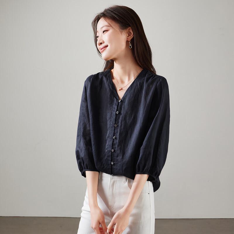 SOFSIL 2026 Spring French Style V-Neck Seven-Sleeve Blouse