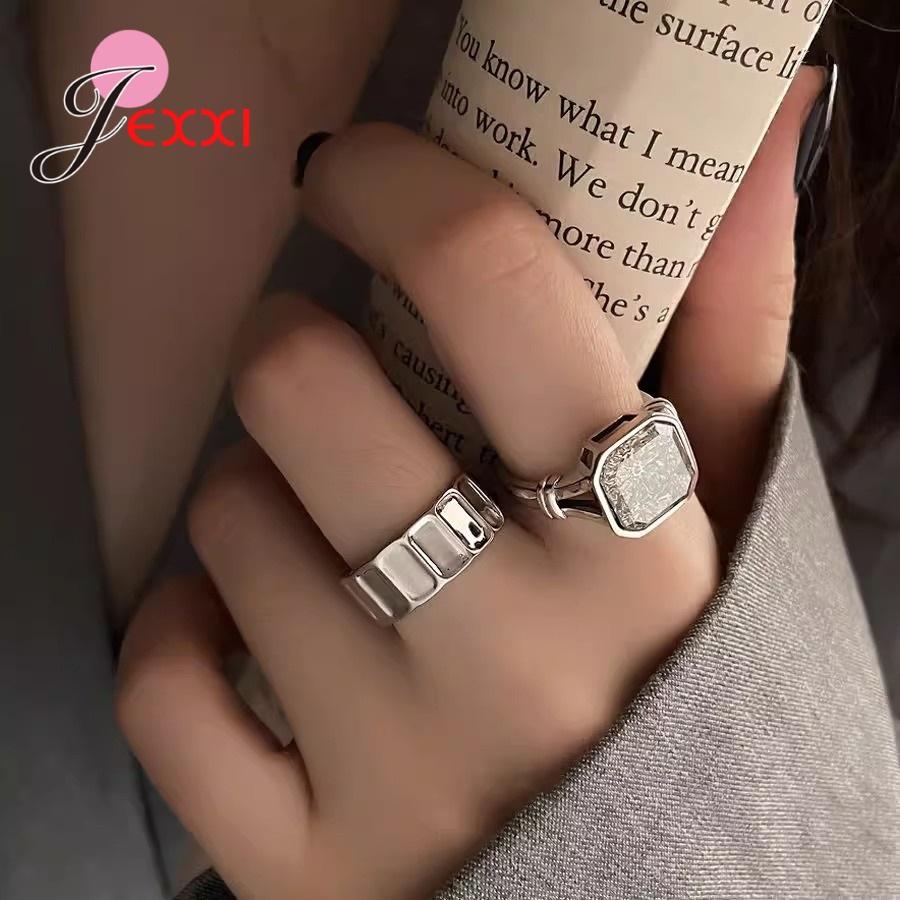 New Simple Crystal Couple Rings Adjustable 925 Sterling Silver Opening Ring Set For Women Men Wedding Fashion Jewelry Gifts