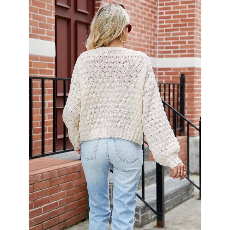 Women's Solid Color Sweater Autumn and Winter Loose Round Neck Twist Puff Sleeve Knit Sweater