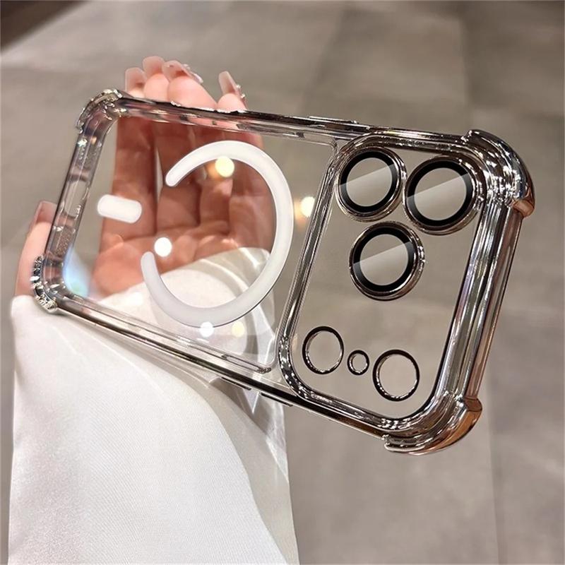 

For Magsafe Plating Armor Transparent Phone Case For iPhone 17 16 15 14 13 12 Pro Max Air Plus Full Lens Protector Acrylic Cover iPhone 12 серебряный