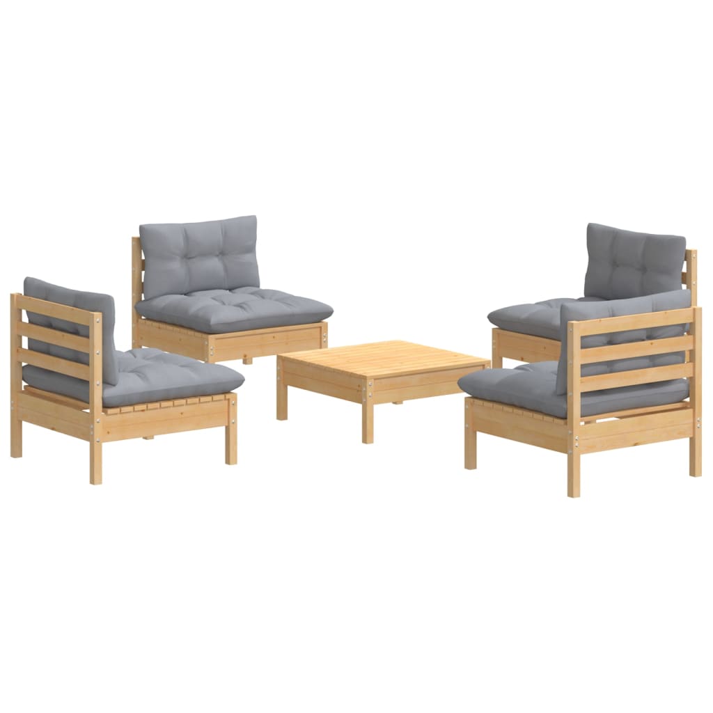 Vidaxl 5-Cz. Garden Lounge Set, Grey Cushions, Pine