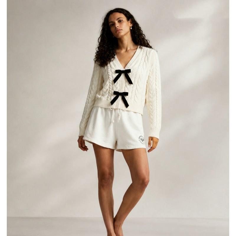 Womens V-Neck Knit Sweater With 3D Bow Detail Loose Fit Casual Pullover In Arctic Fleece S M L