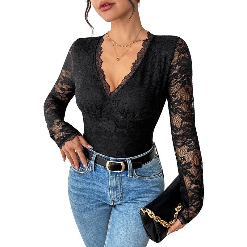 2025 Elegant European & American Lace V-neck Black Jumpsuit with Sexy Hollow Back.