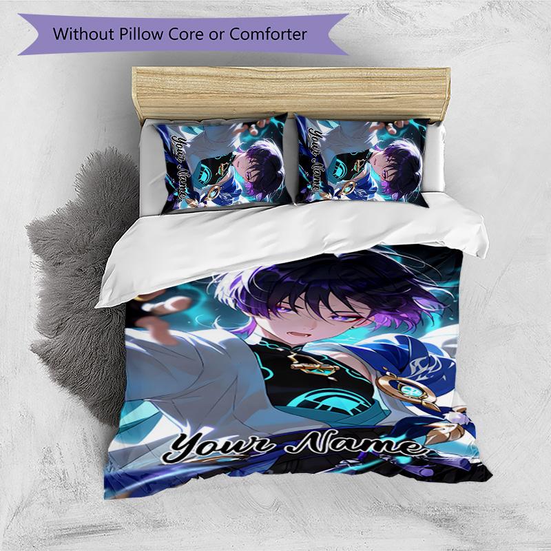 3pcs Genshin Impact4 Cover Set - Personalized Name, HD Printed Bedding with 1 Cover and 2 Pillowcases - Perfect for Home Decor, Easy Care