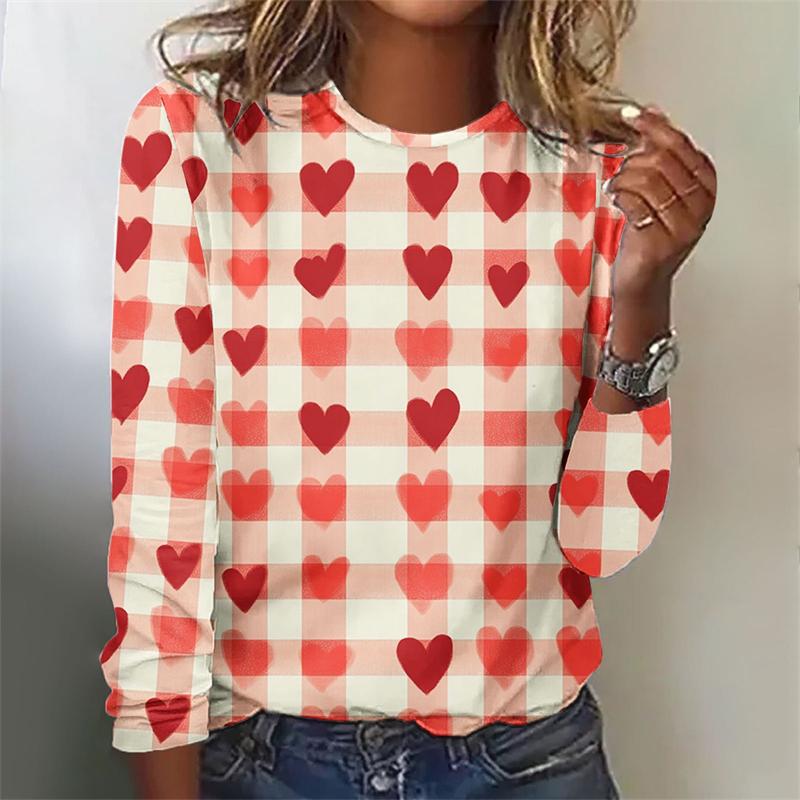 Spring and Autumn Round Neck 3D Love Heart Graphic Printed Top Fashionable Elegant Casual Long Sleeved Women's T-shirts