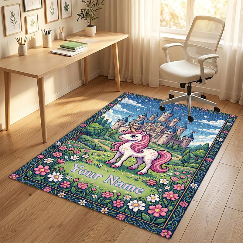 Fantasy Castle Theme Soft Crystal Velvet Rug Custom Name & Text Print Non Slip Floor Rug for Bedroom Living Room