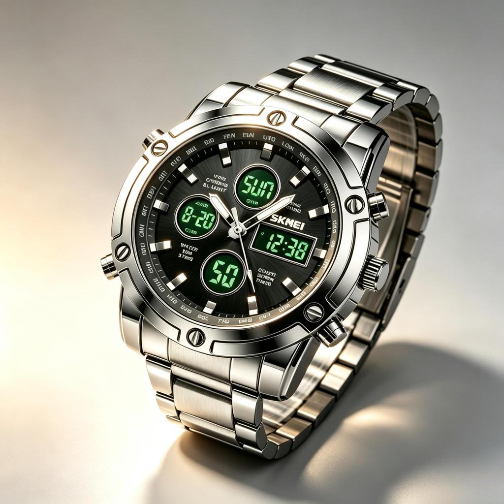 Orologio Digitale da Uomo SKMEI Triplo Fuso Orario Doppio Display Acciaio Inossidabile 1389