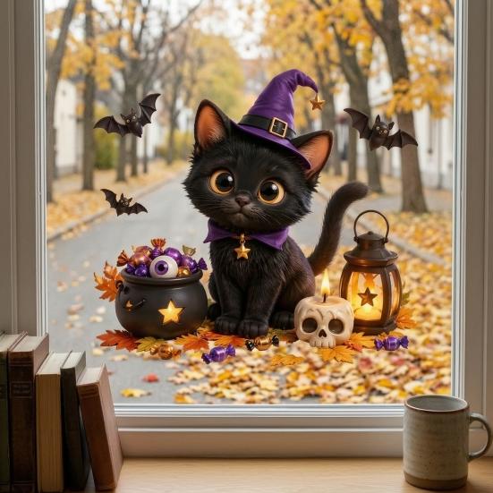 Decorative Glass Film Halloween Static Window Clings, Witch Black Cat Stickers, Reusable No Glue Indoor Ornament Stickers for Shop Store Home