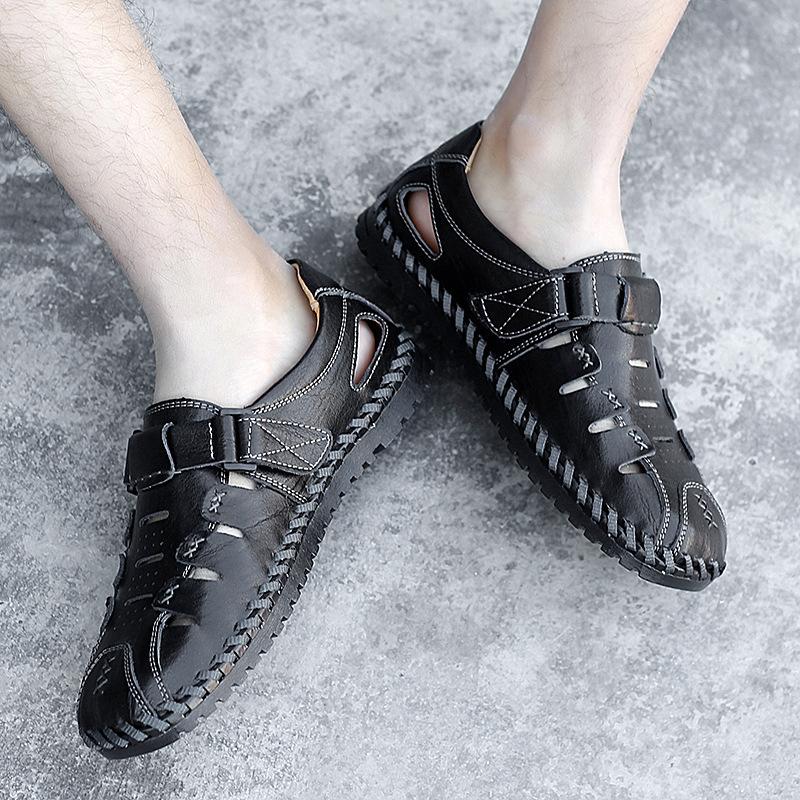 Plus Size Men's Shoes Without Shoelaces Summer Sandals Closed Toe Breathable Genuine Leather Shoes Men's Casual Hollow Hole Driving