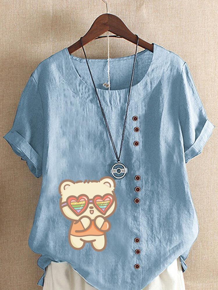 Women's Fashion Cute Cat Print Round Neck Short Sleeve T-shirt Summer Casual Cotton Linen Graphic Shirt Leisure Loose Blouse Tops