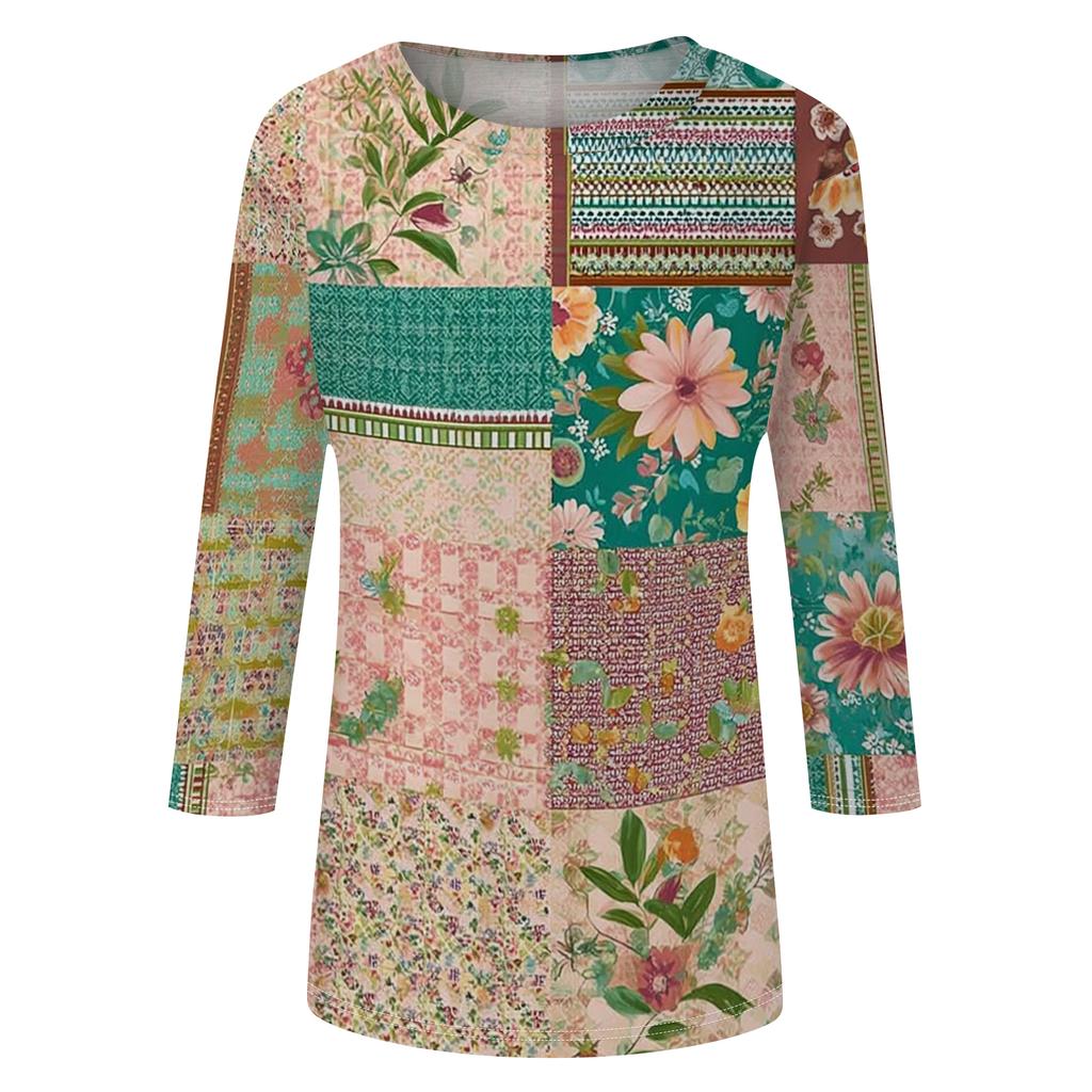 Long Sleeve Shirts for Women Patchwork Floral Print Womens Long Sleeve Tops Casual Crewneck Long Sleeve T Shirt Women for Daily Wear