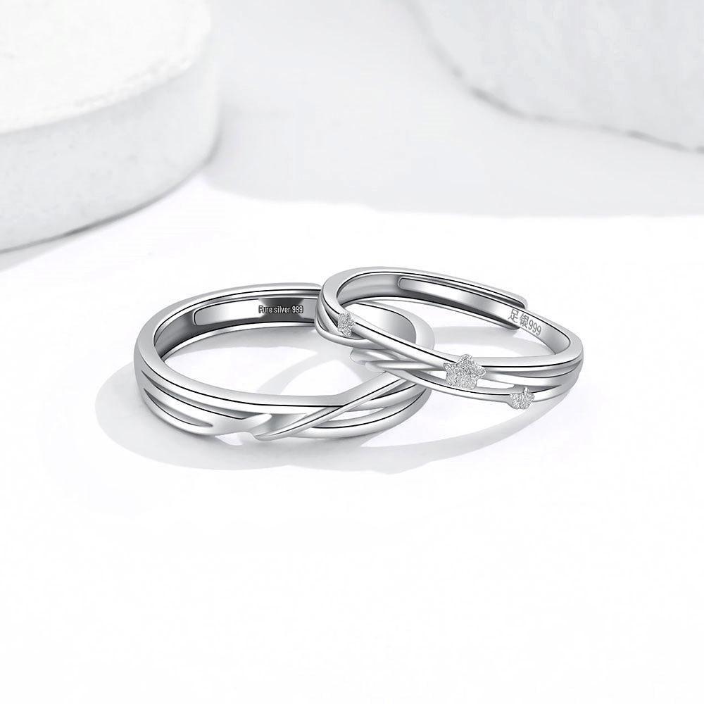 Intertwined Star Trails Sterling Silver Couple's Rings with Diamonds, Adjustable, Custom Engraved.
