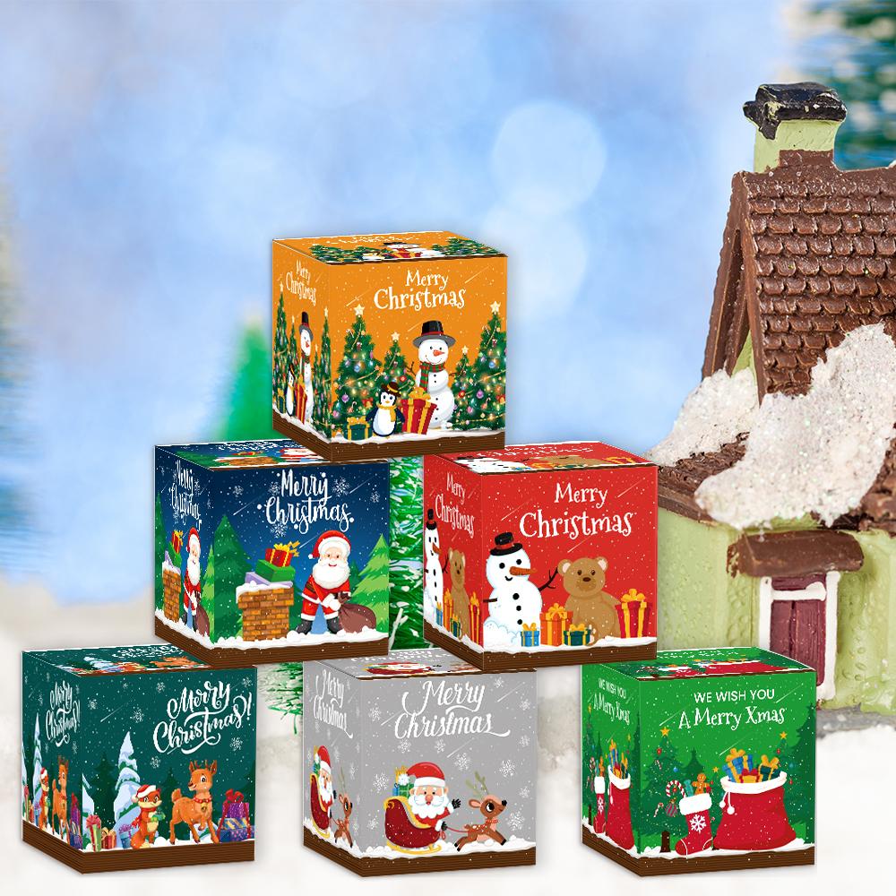 12pcs New Christmas Candy Box Merry Christmas Gift Packing Box Kraft Paper Candy Cookies Snack Boxes for Xmas New Year Party