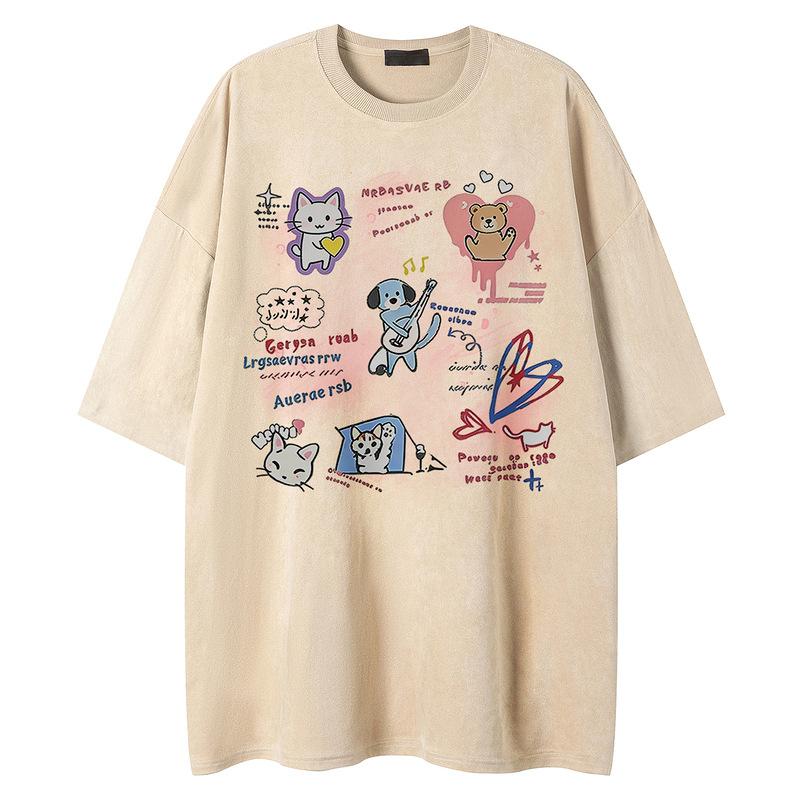 Short-sleeved T-shirt light pink cartoon animal graffiti full print, gentle atmosphere loose men's and women's tops suede half-sleeves