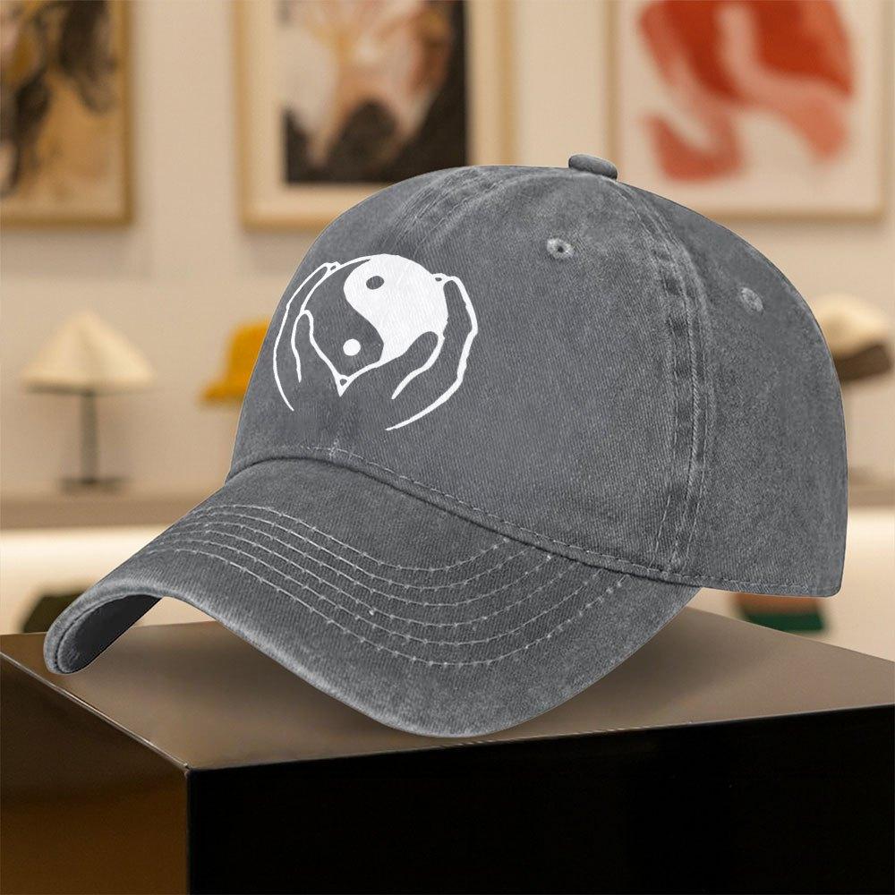 Vintage Washed Baseball Cap with Tai Chi Print for Unisex and Women