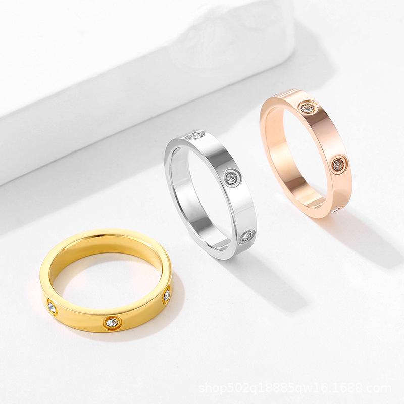 Luxurious 4mm Titanium Steel 6-Diamond Gold-Plated Stainless Steel Couple Rings - Non-Fading, Exquisitely Engraved