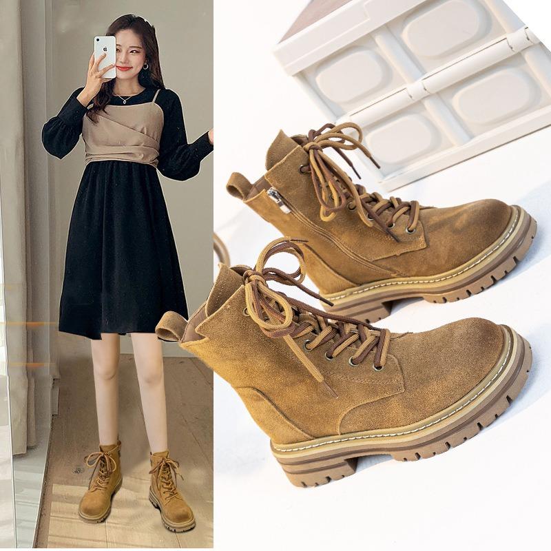 Martin Boots Women's Autumn New Leather Retro Tooling Western Cowboy Boots Thick-soled Inner Height-increasing Short Boots