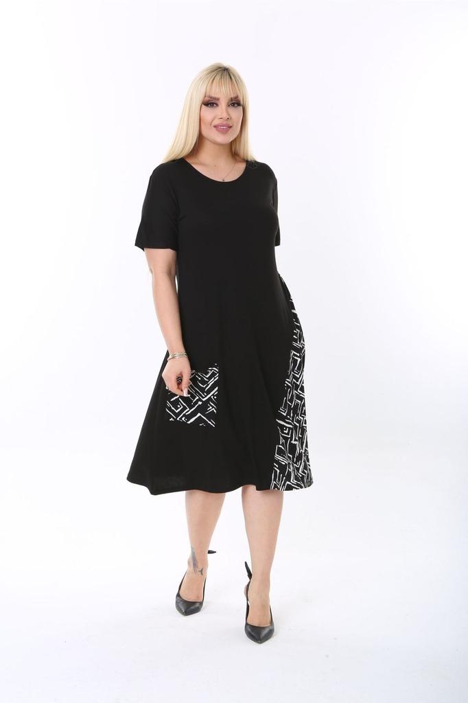 Women's Big Size Dress Cross Detailed Single Pocket Knee Length Short Sleeve Midi Length Stylish Summer Combed Cotton Dress