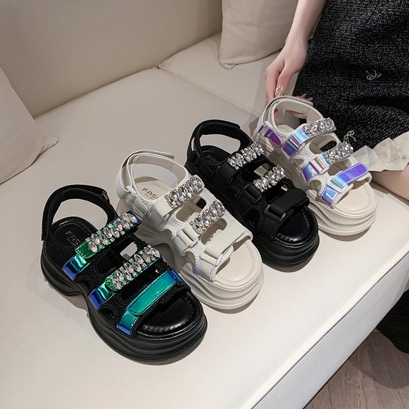 Modne Damskie Letnie Sandały na Platformie Błyszczące Oddychające Koturny 9CM Obcasy Damskie Kryształowe Klapki Plażowe Grube Buty Sandalias Mujer