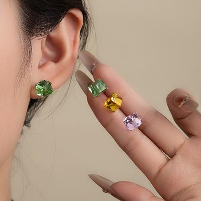Small Fresh Sugar Cube Crystal Stud Earrings, Colorful Square Stud Earrings, Sweet Imitation Silver Needle Earrings