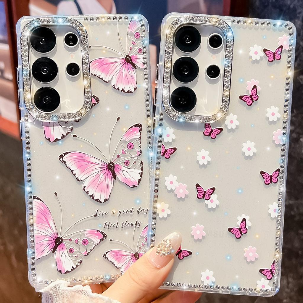 Samsung S25Ultra Mobile Phone Case Flash Drill S24FE Butterfly Mirror Bracket A56 Protective Cover