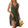 Women's Fashion V-Neck Waist Solid Color Sleeveless Vest Dresses