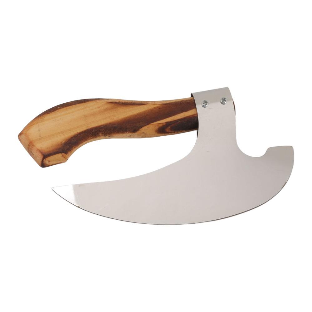 Edelstahl Pizza-Schneideaxt Ergonomischer Griff Gebogene Klinge Pizza-Schneider Werkzeug Poliertes Finish Holzmaserung Griff