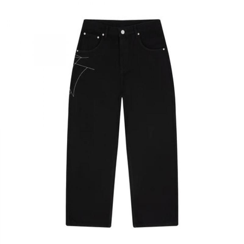 Unisex Streetwear Weite Gerade Geschnittene Jeans mit Spinnennetz-Stickerei Lockerer Sitz Mittlere Leibhöhe Baumwoll-Jeans