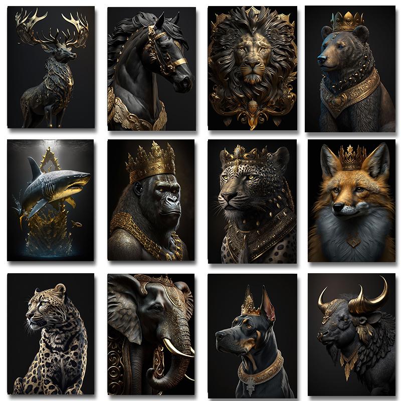 Luxury Gold King Animal Posters Gorilla Leopard Deer Lion Tiger Eagle Fox Canvas Painting Wall Art Pictures Room  Home Decor