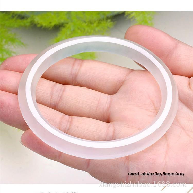 Natural Jade Quartzite Bracelet - Small Round Bar Ice Translucent Design, Light Green Color