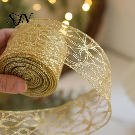Festival Atmosphere Ribbon for Home Decor 2.5" x 2.2 Yards Gold Sheer Christmas Tree Decoration and Crisp Edge Wreath Making Gift Wrapping,