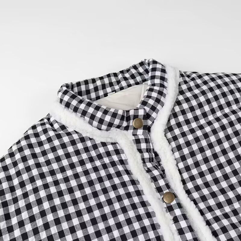 Kaslead New Women Clothes Western Style Fashion Simple and Versatile Lace Plaid Cotton-Padded Coat Outerwear