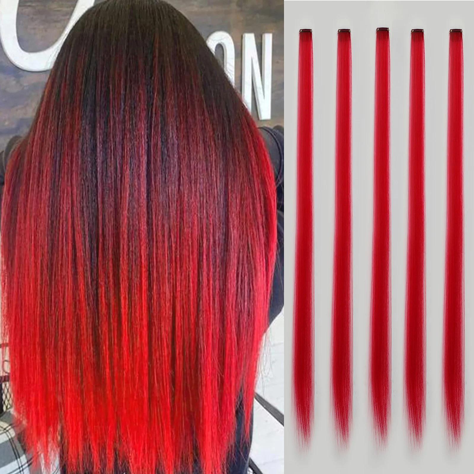 Synthetische 5-delige Gekleurde Haarverlengingen 56cm Recht Clip-in Kerstverlenging Regenboog Feest Highlights Haardeel voor Meisjes 22inches black