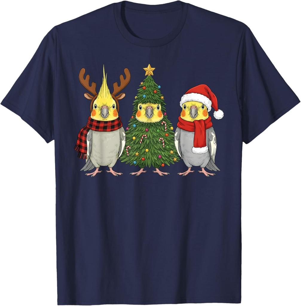 Funny Cockatiel Christmas T-Shirt Santa Reindeer Parrot Graphic Tee Unisex Casual Cotton Print
