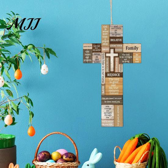 Farmhouse Living Room Decor Easter Wooden Cross Ornament, Rustic Hanging Pendant with Hemp Rope Faith Wall Sign for Decor, Religious Home Decoration,