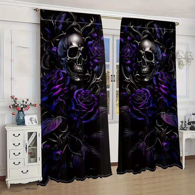Set Of 2 Purple Skull Rose Print Curtains Suitable Bedroom Living Room Kitchen Decoration Home Window Curtain Polyester Ideal For Sitting
