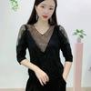 Fashion V-Neck Hot Diamond Bottoming Shirt for Women's Summer New Mother's Top 3/4 Sleeve Pullovers T-shirt M-4XL