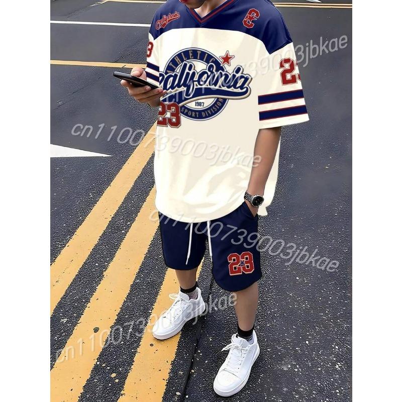 

Men s CALIFORN NO.23 Short Sleeve T-Shirt & Shorts Set V-neck Gradient Short Sleeved Women s T-shirt Shorts Set S