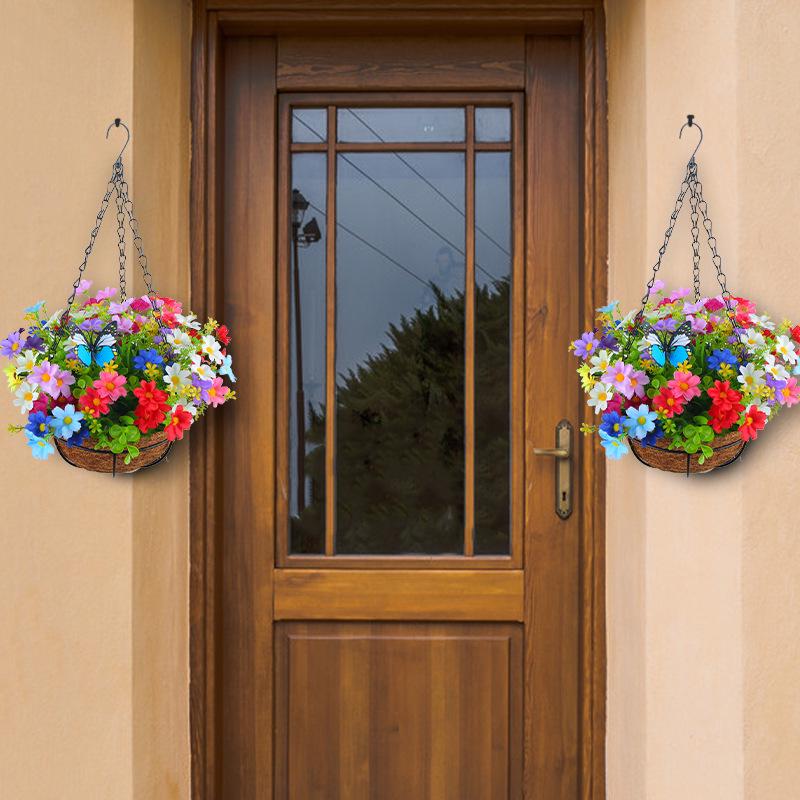 Frühlingsblumen-Hängekorb mit Schleife - Kranz Heimdekoration