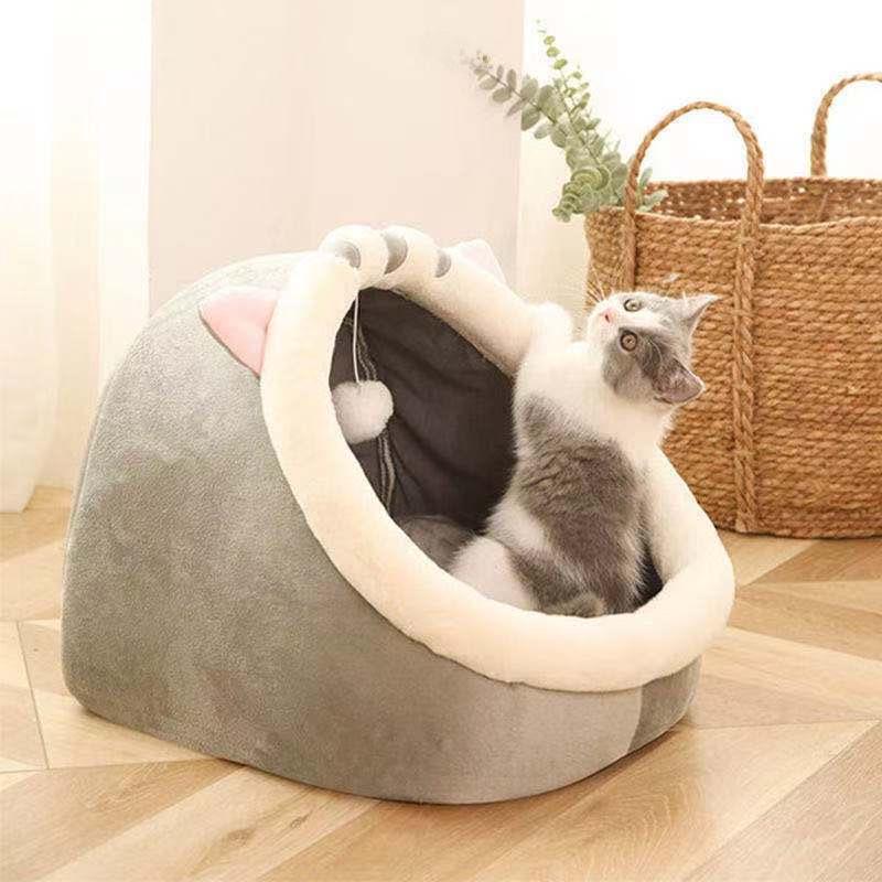 Four Seasons Cute Semi-Closed Pet Bed – Cozy for Cats & Dogs