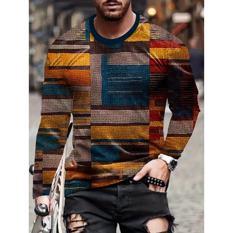 Vintage T-Shirt for Men Irregular Plaid Graphic T Shirts Round Neck Long Sleeve Tee Oversized Man Clothing Top Creative Clothing S