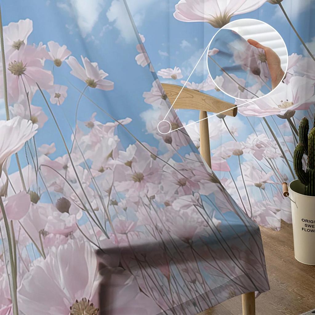 Blue Sky Clouds Flowers Sheer Curtains For Living Room Bedroom Tulle Curtain For Kitchen Voile Curtain Blind Panels