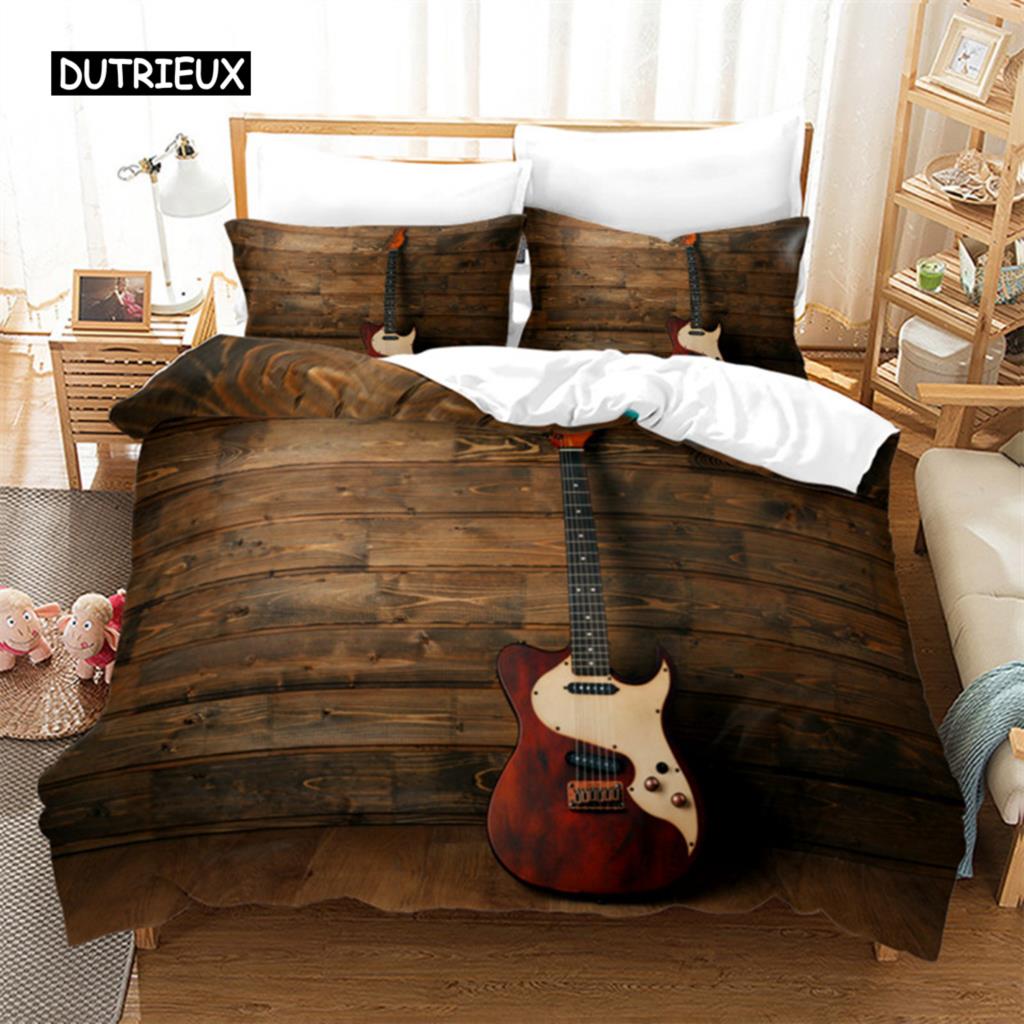 Guitar Queen Duvet Cover Rock Music Theme Bedding Set Grunge Color Splashed Brick Wall Background Electronic Guitar Mics Design