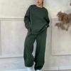 Fall Winter Women's Casual Solid Crew Neck Long Sleeve Pocket Sports Set Sweatshirt Loose Fit