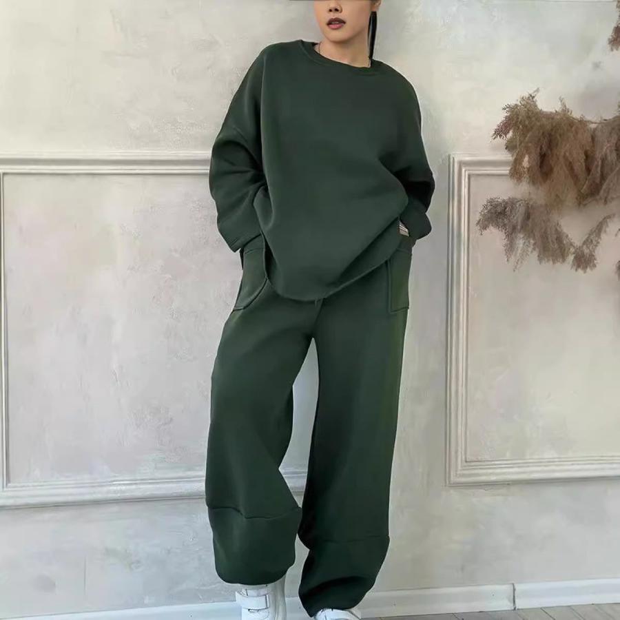 Fall Winter Women's Casual Solid Crew Neck Long Sleeve Pocket Sports Set Sweatshirt Loose Fit