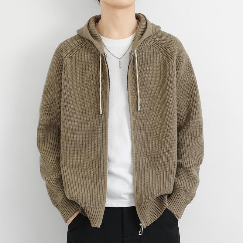 Men's Autumn and Winter Simple Raboss Sleeve Zipper Sweater Loose Casual Jacket Hooded Knitted Sweater