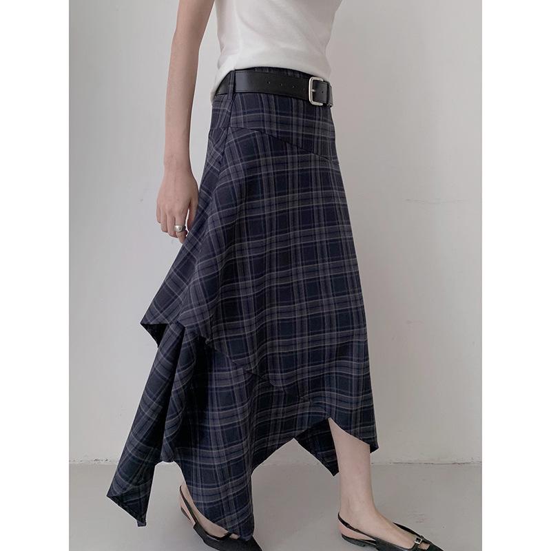Ge Ming Women s French Retro Plaid Irregular Mid-Length High-Waist Autumn Skirt S