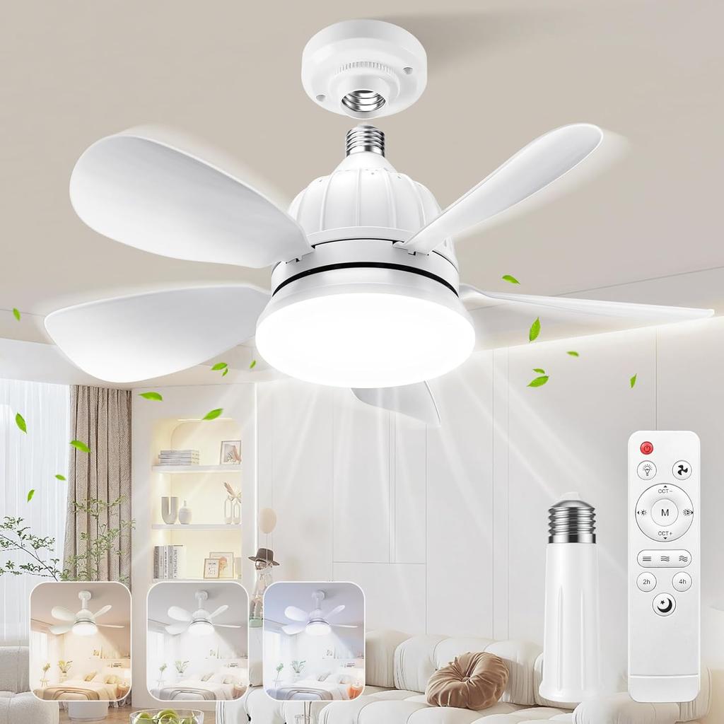 Socket Fan Light with Remote: 18'' Small Ceiling Fans with Lights, 2000 Lumens Dimmable Led Bulb, 3 Colors 3000K-6500K, Easy Install Screw in E26