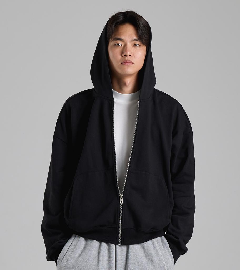 Button Seoul Round Pocket Minimalist Zip-Up Hoodie (Black)