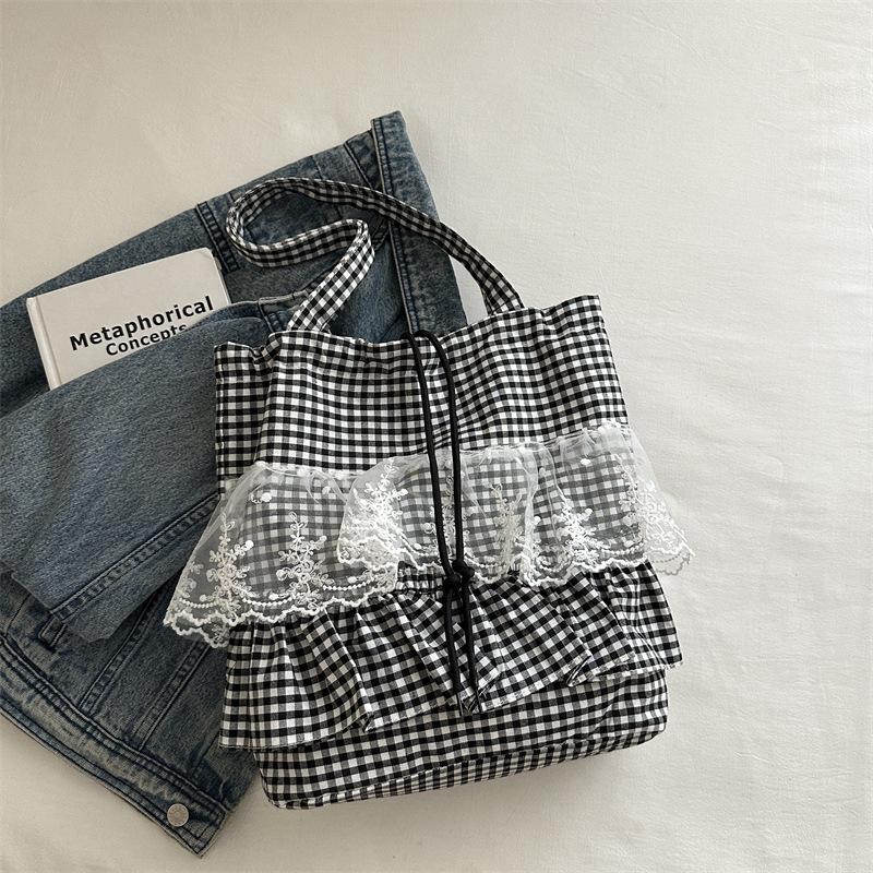 Sweet Plaid Lace Ruffled Drawstring Shoulder Bags for Women Large Capacity Ladies Tote Bag Lightweight Girls Handbags Tote